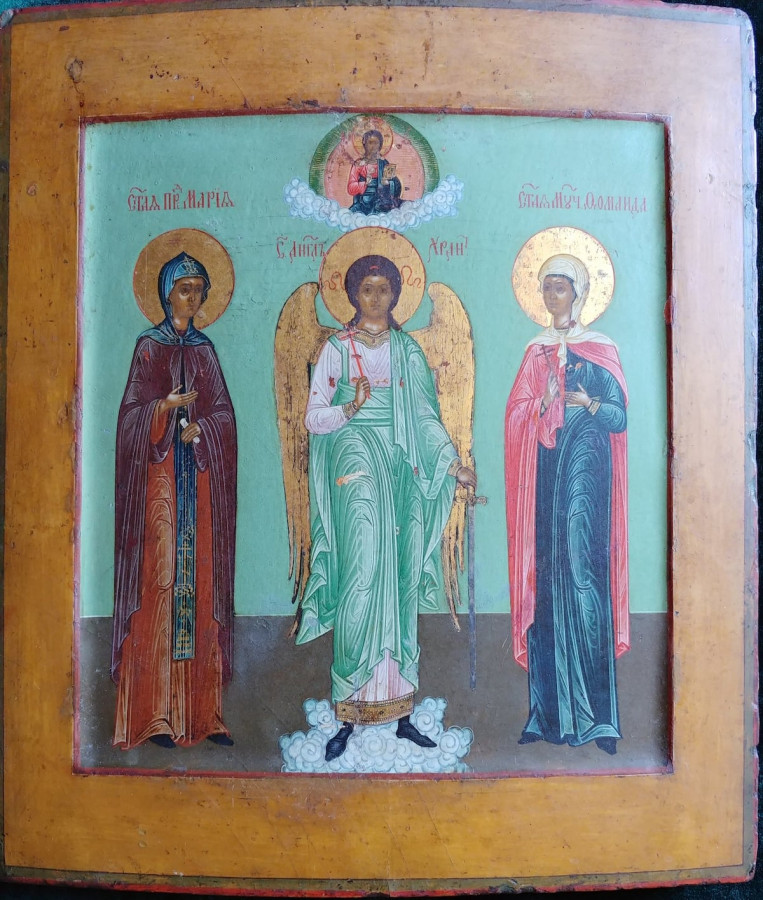 Antique Russian  Icon Of Guardian Angel With Saints