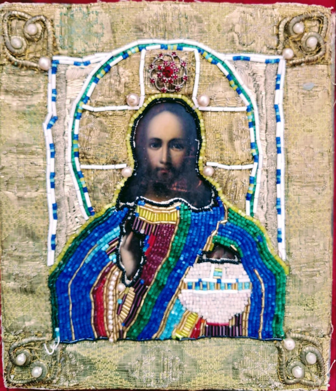 Antique 19C Russian Icon Of Christ The Pantokrator With Beaded Oklad With Pearls