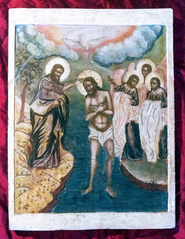 Antique 17C Monumental Russian Icon Of The Baptism Of Christ Kovcheg 69 X 62 Cm
