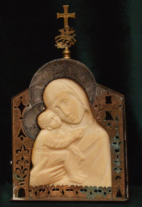 Antique 19C Bone Carved Bronze Russian Icon Of Donskaya Mother Of God
