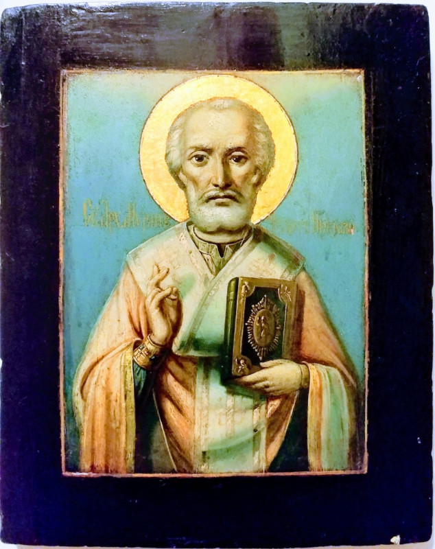 Russian 19Th Century Icon Of St. Nicholas With Kiot