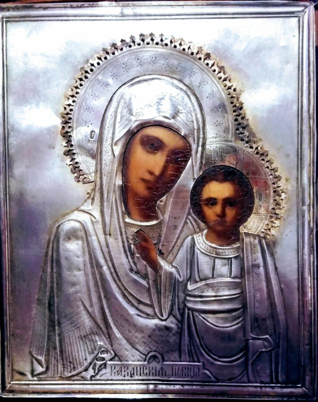 Antique Russian 19Th Century 84 Silver Icon Of Kazanskaya Mother Of God