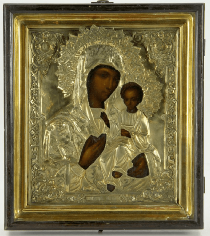 Antique Russian 19Th Century 84 Silver Oklad Icon Iverskaya Mother Of God Kiot