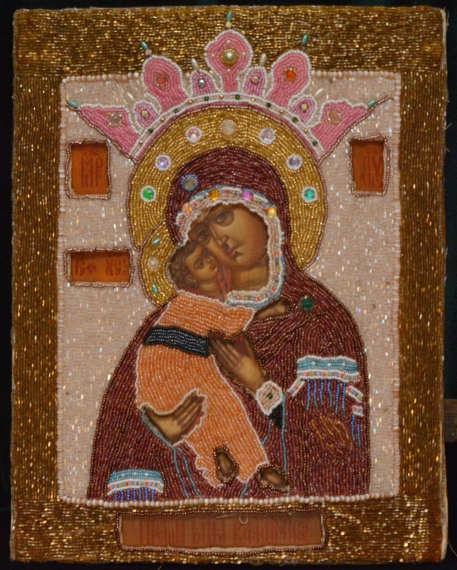 Antique 19C Russian Beaded Icon Of Vladimirskya Mother Of God