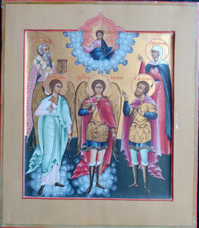 Antique 19C Russian Icon Of Archangel Mihail With Saints On Gold