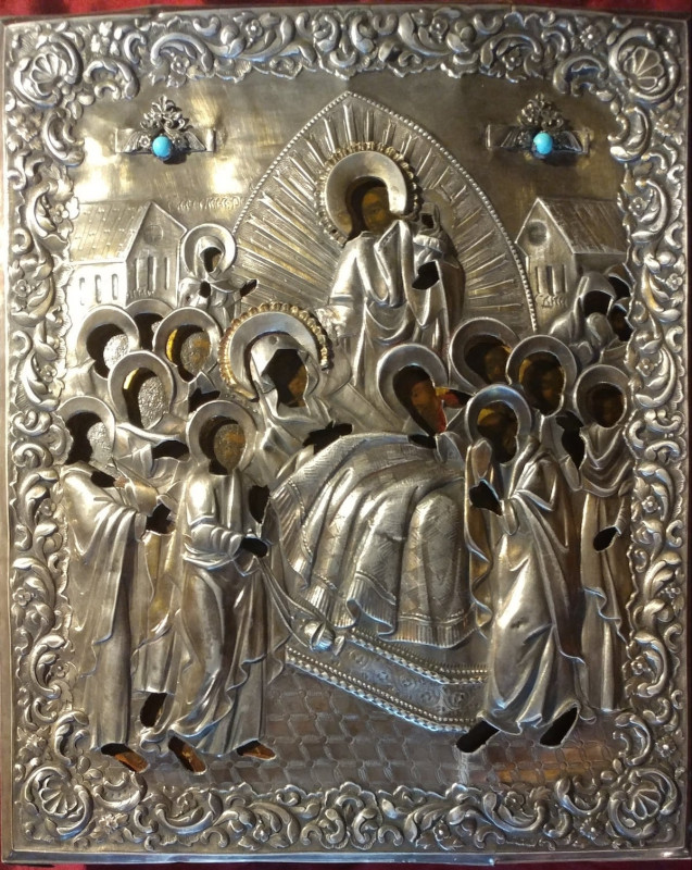 Antique 18C  84 Silver Russian Icon Of The Dormition Of The Mother God