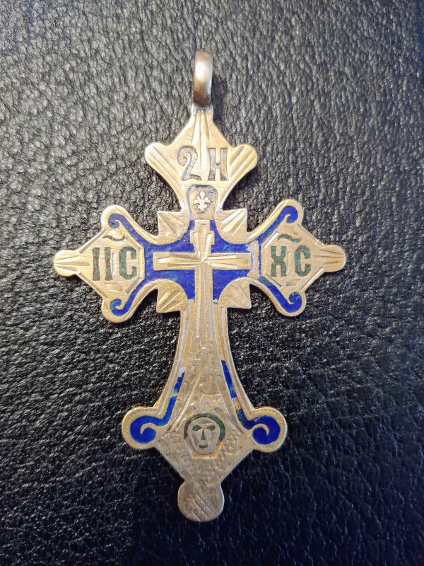 Antique 19c Russian Silver  Gold Plated Enamel Cross