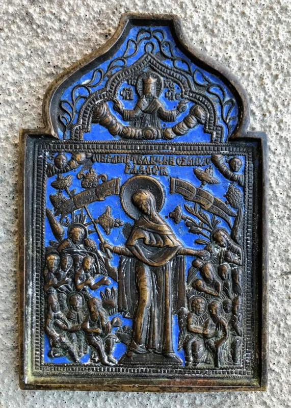 Antique 19c Russian Enamel Bronze Russian icon of Mother of God