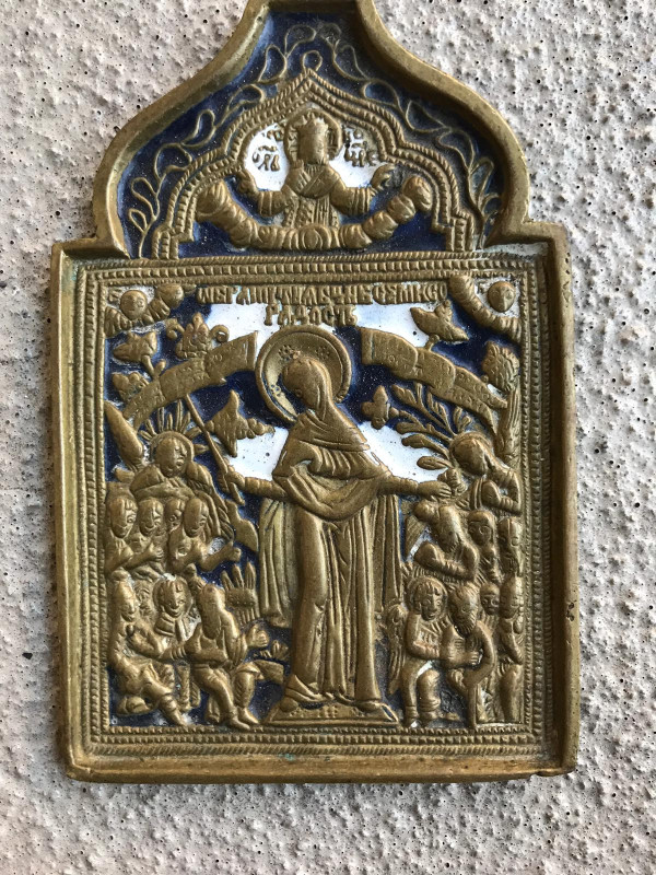 Antique 19c Enamel Bronze Russian icon of Mother of God