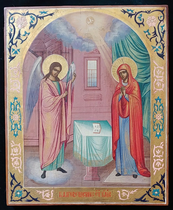 Antique 1880-90s Russian icon of the Annunciation
