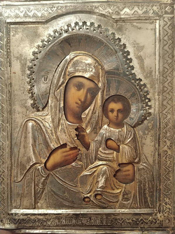 Antique 19c 84 silver  Russian icon of Kazanskaya Mother of God