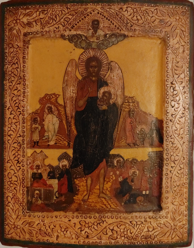 Antique 19c Russian icon of John The Baptist Angel with life seens