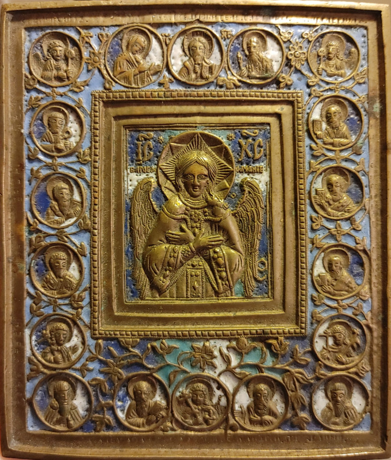 Antique. bronze enamel 19c Russian icon of Christ Silence Rare