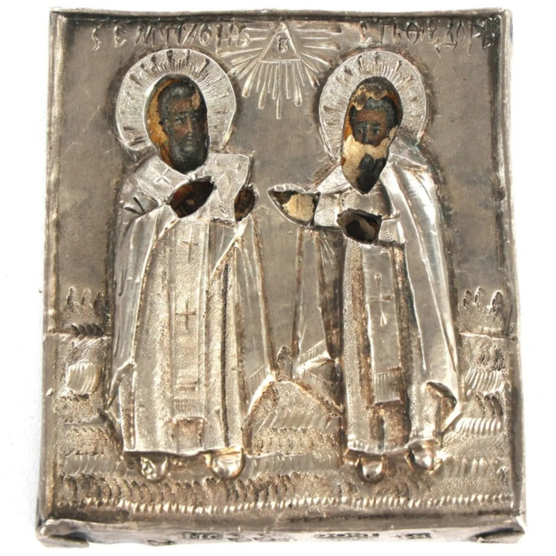 Antique 19c 84 Silver Russian icon of Zosima & Savatiy (1729(