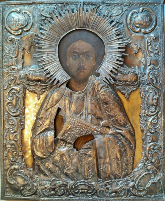 Antique 19c 84 Silver Russian icon of Christ (0350)
