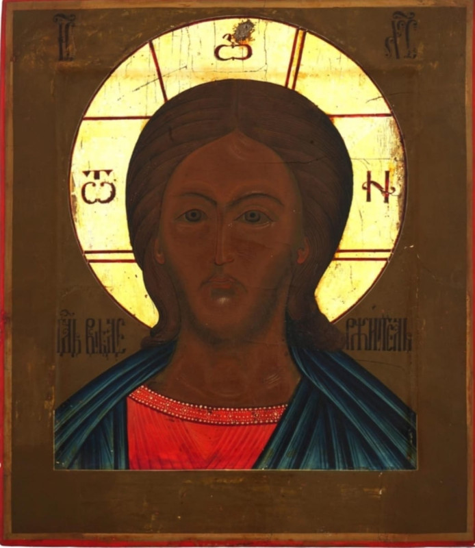 Antique 19c Russian icon of Christ The Grimm Eye (0450)