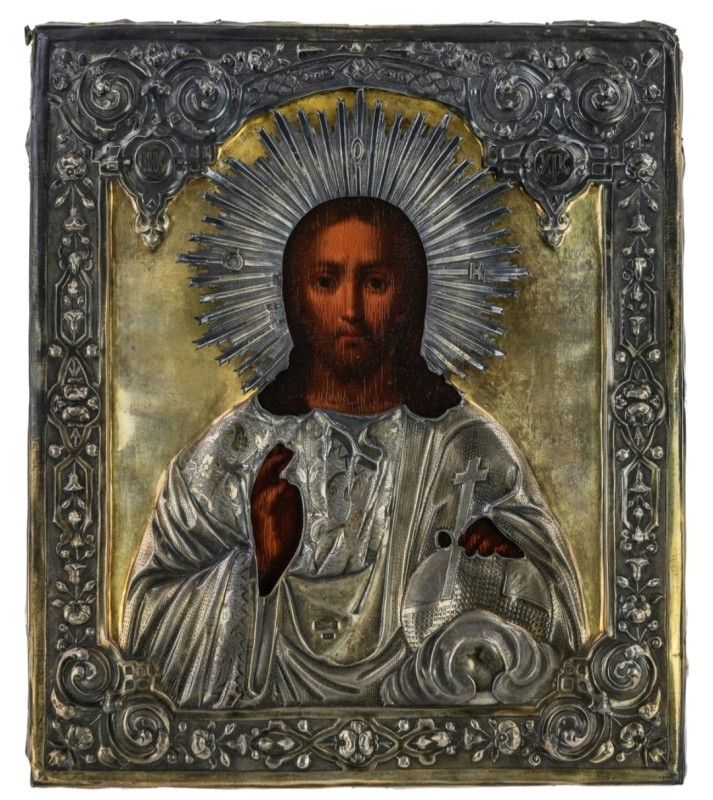 Antique Russian 19c Silver 84 Icon of Christ (1552)