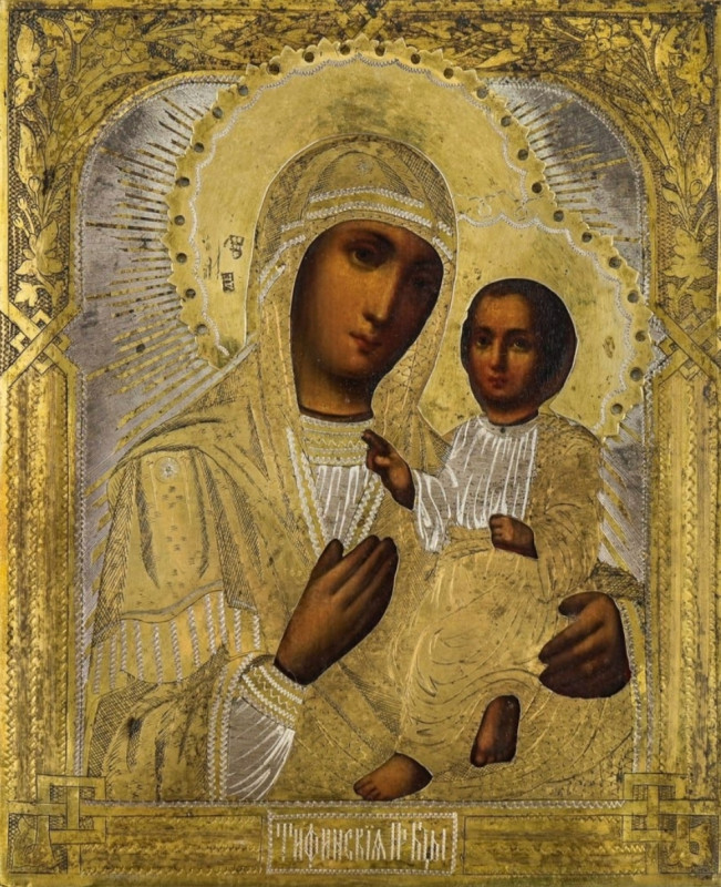Antique 19c 84 Silver Russian icon of  Tikhvin 2215