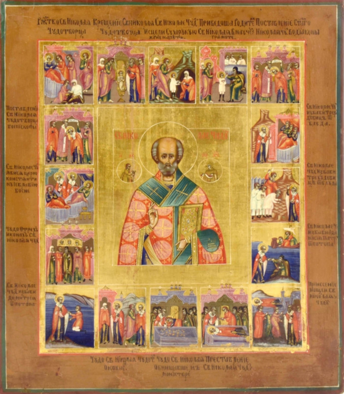 Antique 19c Russian icon of St Nicholas & Life Seen (13817)