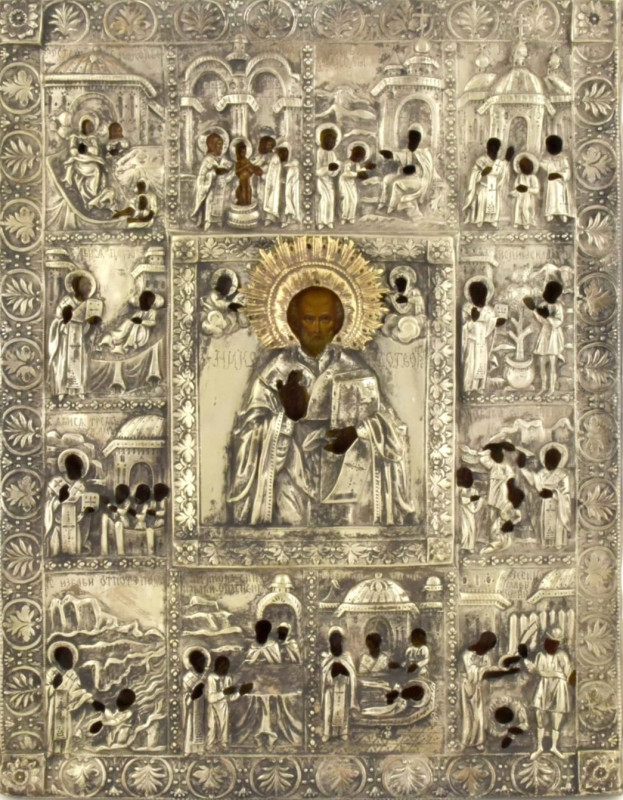 Antique 19c 84 Silver Russian icon of St Nicholas in Life (13303)