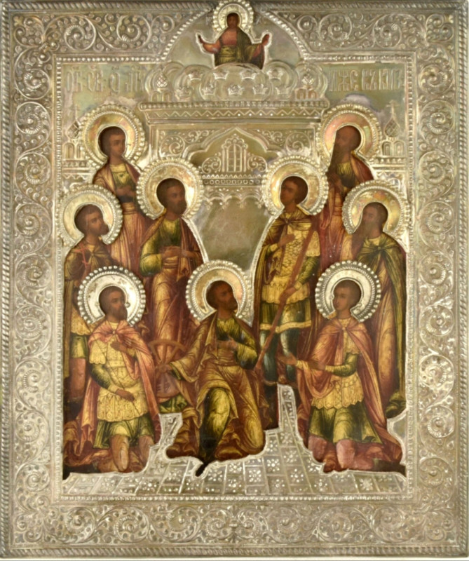 Antique 19c 84 Silver Russian icon of Nine Martyrs Kyzikos(13645)