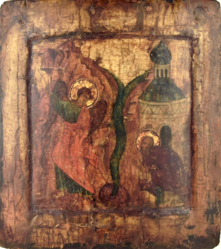 Antique 17c Russian icon of Miracle of St Mihail in Khoneh (13707)