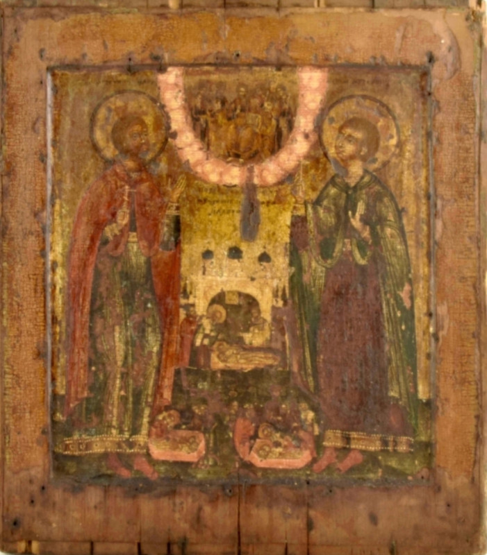 Antique 17c Russian icon of Floros & Lauros (13856)