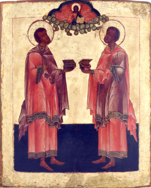 Antique 18c Russian icon of Cosmas & Damian (13507)