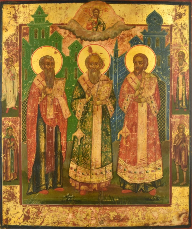 Antique 18c Russian icon of the Three Saints (13706)