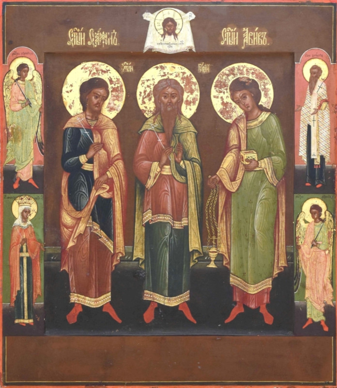 Antique 19c Russian icon of the Three Saints (12644)