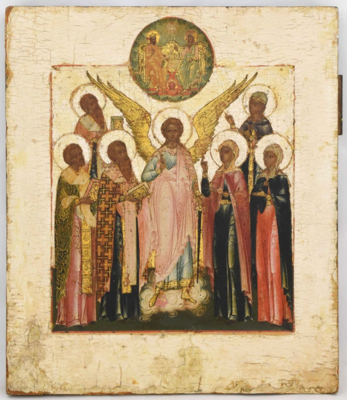 Antique 18c Russian icon of the Guardian Angel and Selected Saints Paleh (12639)