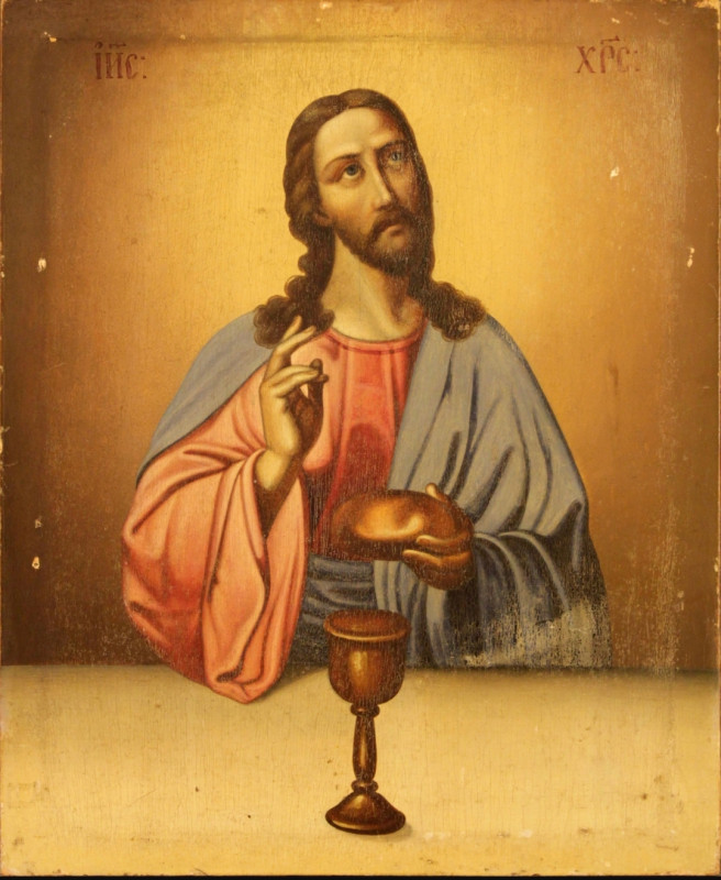Antique 19c Russian icon of Christ Blessings the Bread (64732)