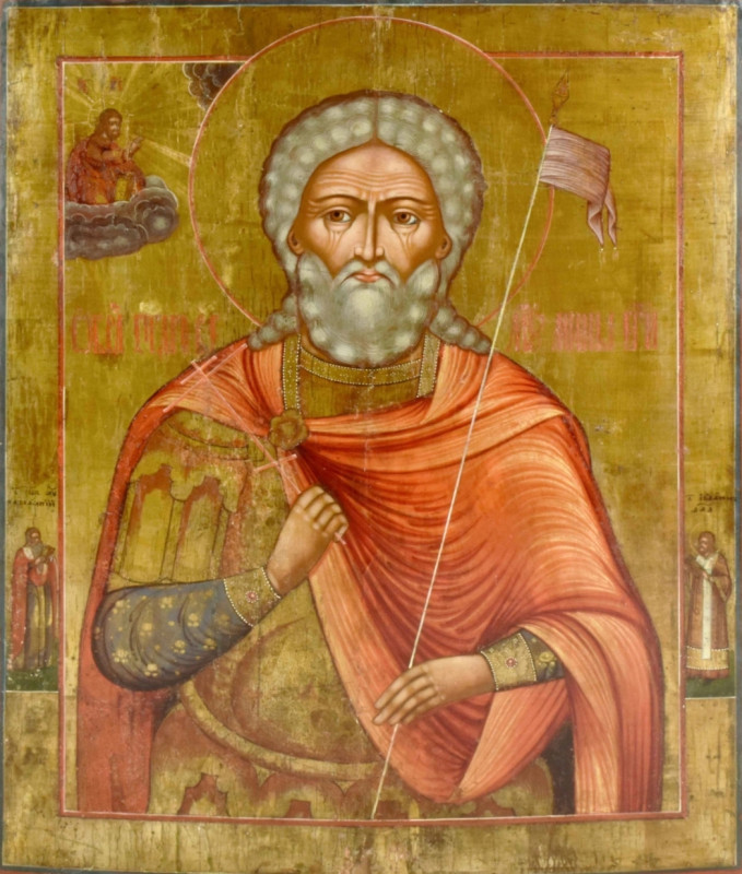Antique 19c Russian icon of St Mina (13887)