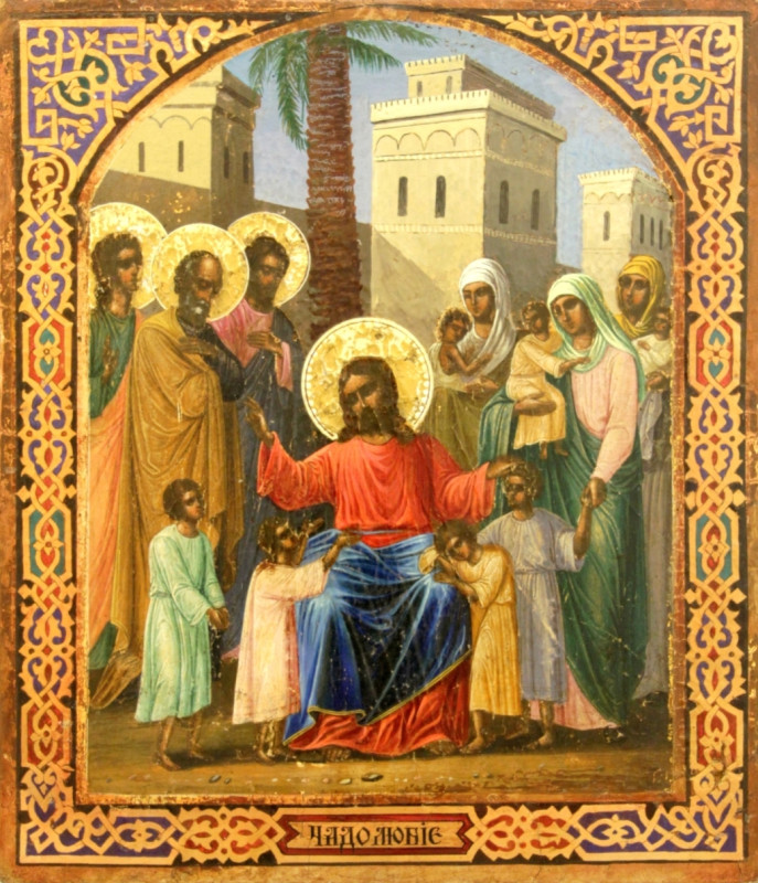 Antique 19c Russian icon of the Christ Blessings Children (97332)