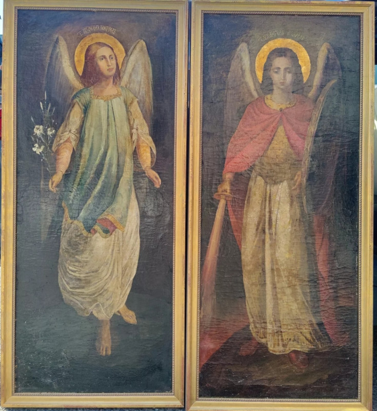 Pair of Antique 19c Russian icon paintings of Mihail and Gabriel on canvas