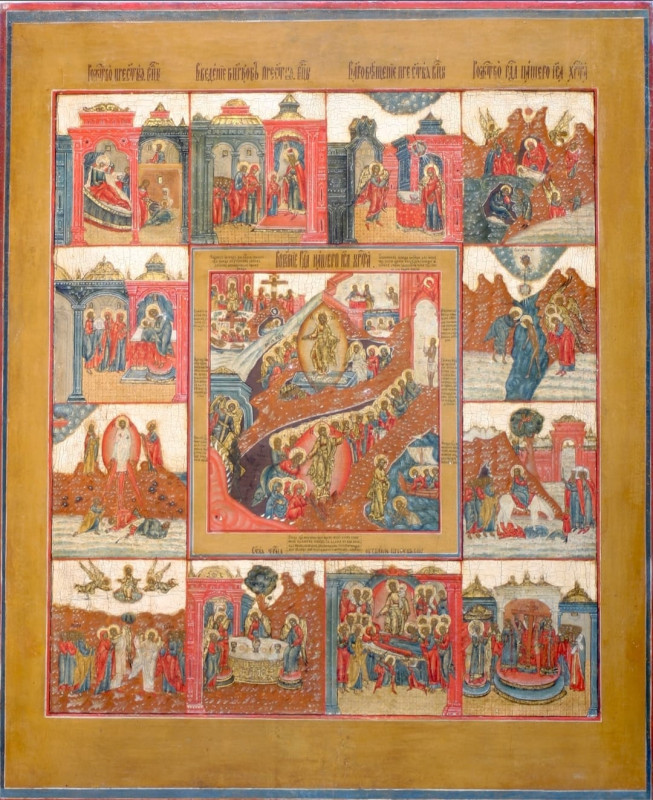 Antique 19c Russian icon of Resurrection of Christ & 12 Feast (47997)