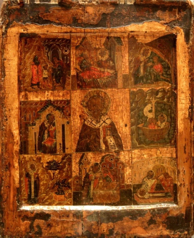 Antique 17c Russian icon of St Nicholas in Life (58203)