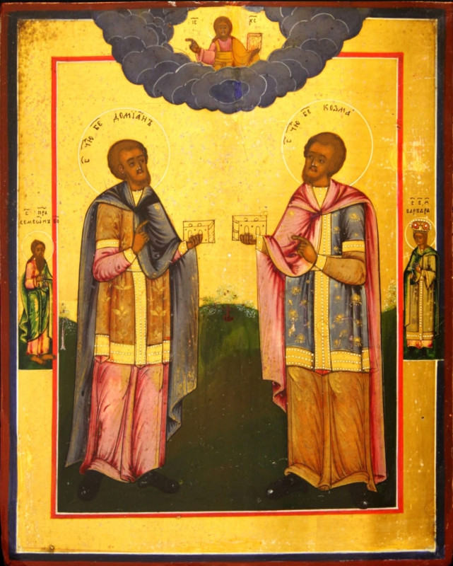 Antique 19c Russian icon of St Cosmas and St Damian (65949)