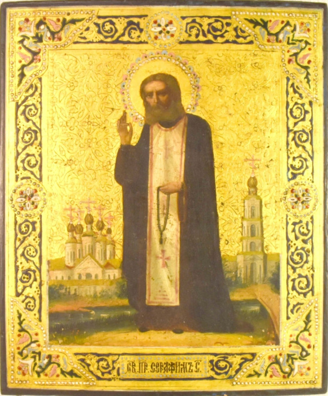 Antique 19c Russian icon of St Seraphim of Sarov (13221)