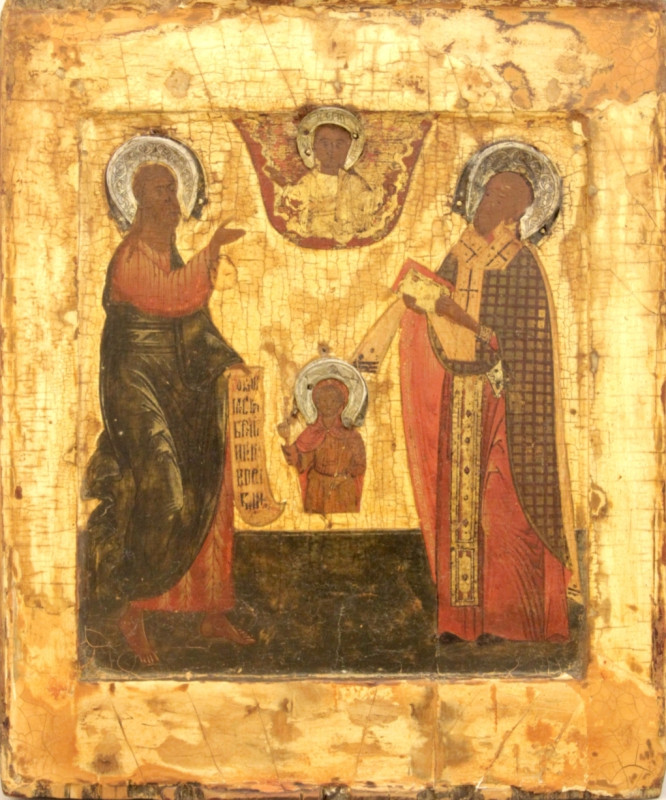 Antique 17c Russian icon of St John The Baptist,St Nicholas & St Paraskeva (98671)