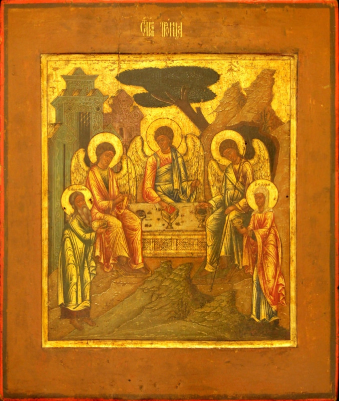 Antique 19c Russian icon of the Trinity on gold (66494)