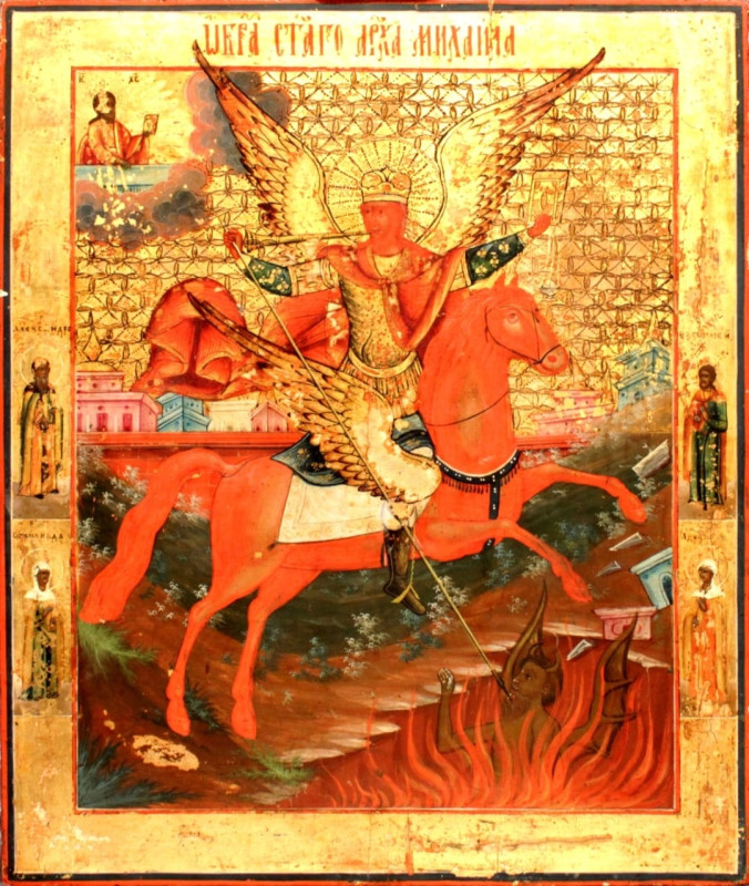 Antique 19c Russian icon of St Mihail on gold (56456)