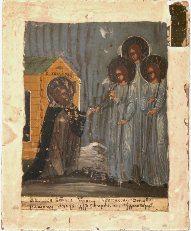 Antique 19c Russian icon of the Appearance The Holy Trinity To Alexander Svirskiy (35072)