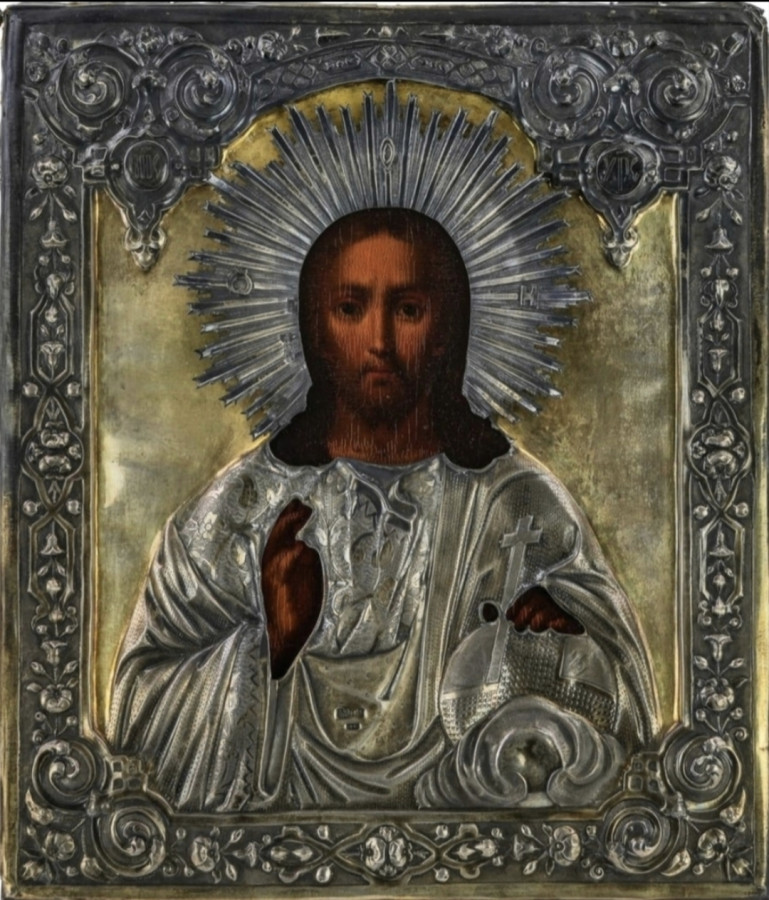 Antique 19c Russian 84 Silver icon of Christ (22555)