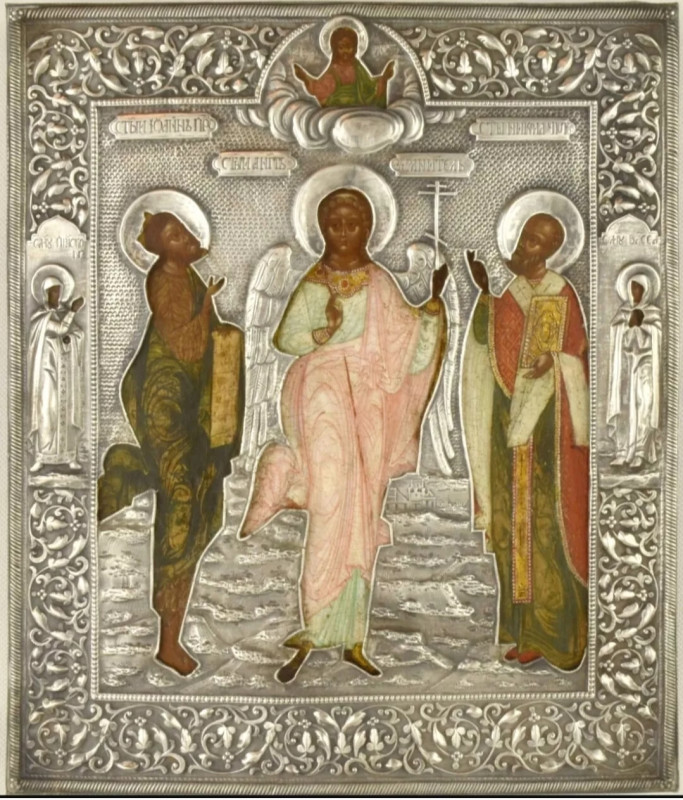 Antique 19c 84 Silver Russian icon of Guardian Angel & Saints (13644)