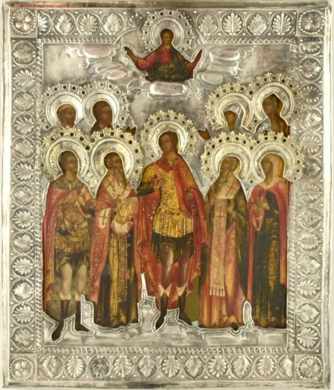 Antique 19c 84 Silver Russian icon of the Synaxic of St Mihail (13689)