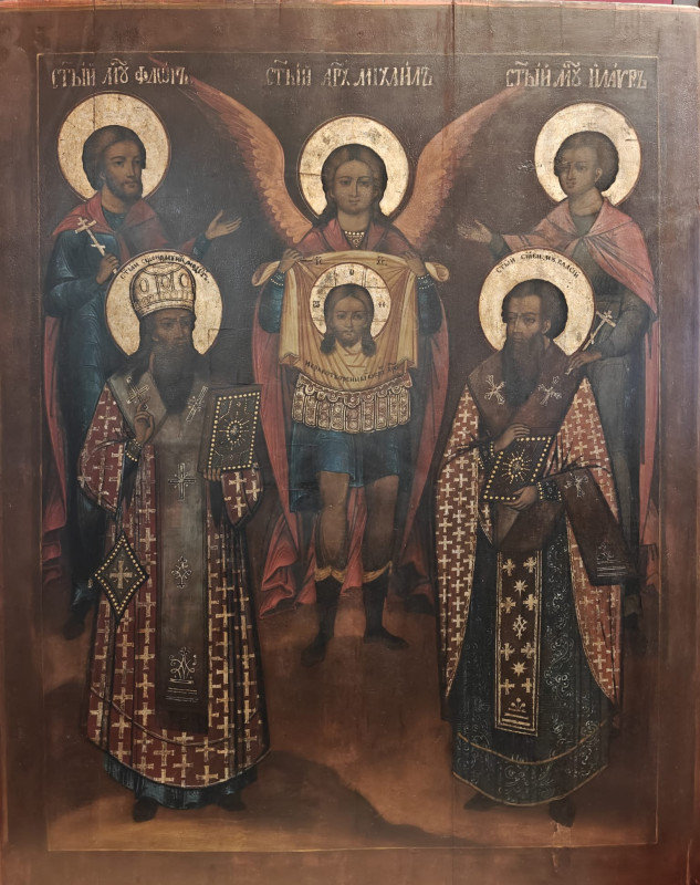 Antique Monumental 19c Russian icon of Synaxic of St Mihail (103124)