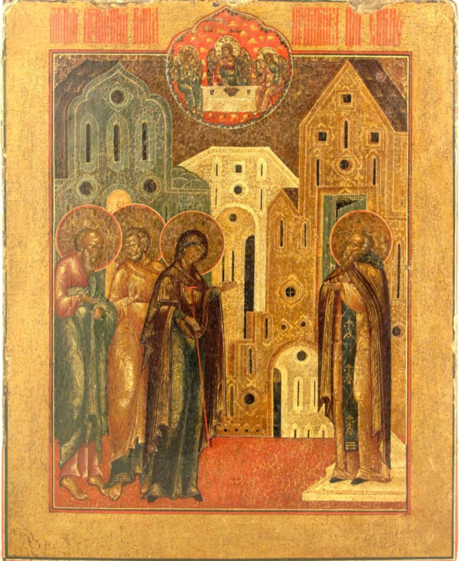 Antique 17c Russian icon of the Appearance of Mother of God to St Sergiy (83394)