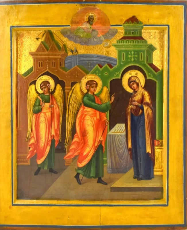 Antique 19c Russian icon of the Annunciation (13253)