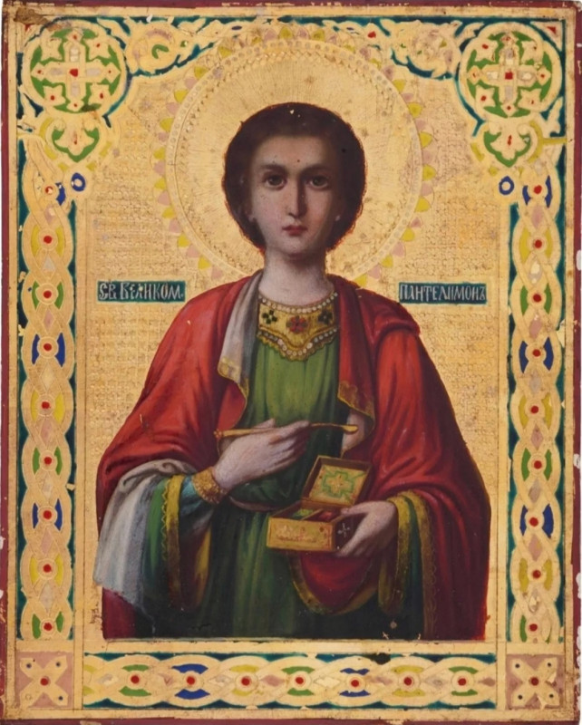 Antique 19c Russian icon of St Pantaleon (1922)